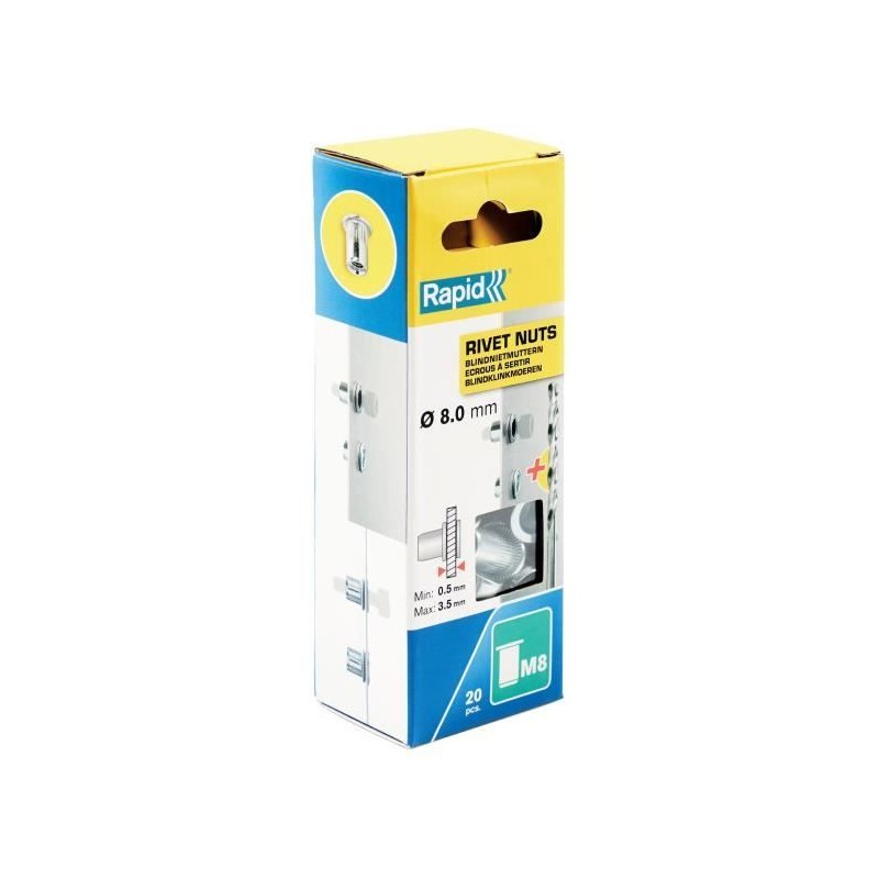 RAPID - M8 - Écrous a sertir pour vis Ø8mm - Blister de 20 + 1 Foret RAPID - M8 - Écrous a sertir pour vis Ø8mm - Blister de 20 + 1 Foret