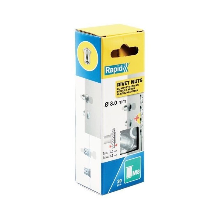RAPID - M8 - Écrous a sertir pour vis Ø8mm - Blister de 20 + 1 Foret Ø11mm - (5001482) RAPID - M8 - Écrous a sertir pour vis Ø8mm - Blister de 20 + 1 Foret Ø11mm - (5001482)