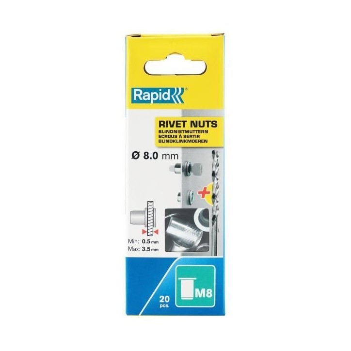 RAPID - M8 - Écrous a sertir pour vis Ø8mm - Blister de 20 + 1 Foret Ø11mm - (5001482) RAPID - M8 - Écrous a sertir pour vis Ø8mm - Blister de 20 + 1 Foret Ø11mm - (5001482)