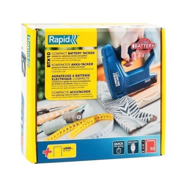 RAPID - BTX10 - Agrafeuse électrique sans fil, pour bois, tissu et briolage pour agrafes n°53/6-10mm - Boîte - (5001495) RAPID - BTX10 - Agrafeuse électrique sans fil, pour bois, tissu et briolage pour agrafes n°53/6-10mm - Boîte - (5001495)
