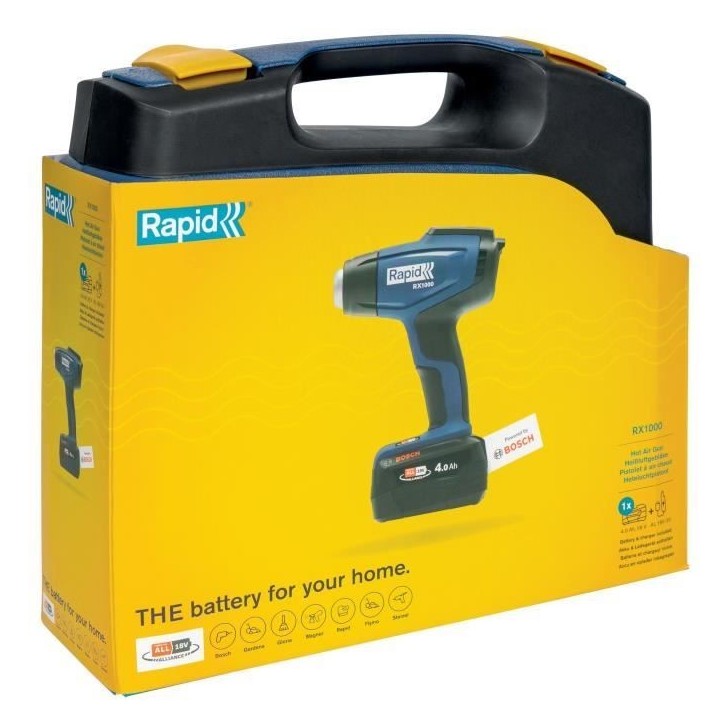 RAPID - RX1000 - Pistolet air chaud a batterie 18V, Décapeur thermique jusqu'a 550°C - Coffret (Boîte, batterie, chargeur) -