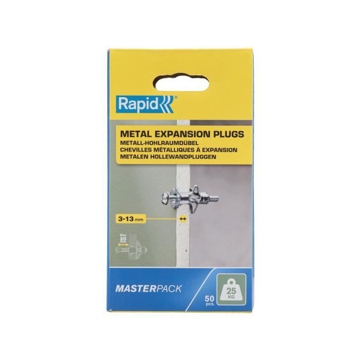 Chevilles a expansion métal pour cloison plâtre - RAPID - Ø8 - 3-13mm - Lot de 50 - Charge max 25 kg - 5001560 Chevilles a expansion métal pour cloison plâtre - RAPID - Ø8 - 3-13mm - Lot de 50 - Charge max 25 kg - 5001560