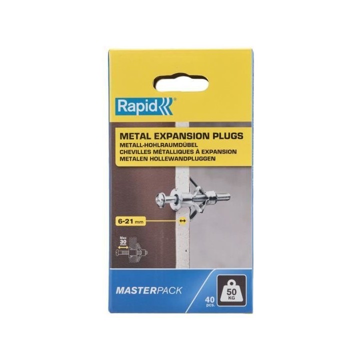 Chevilles a expansion métal pour cloison plâtre - RAPID - Ø13 - 6-21mm - Lot de 40 - Charge max 50 kg - 5001567 Chevilles a expansion métal pour cloison plâtre - RAPID - Ø13 - 6-21mm - Lot de 40 - Charge max 50 kg - 5001567