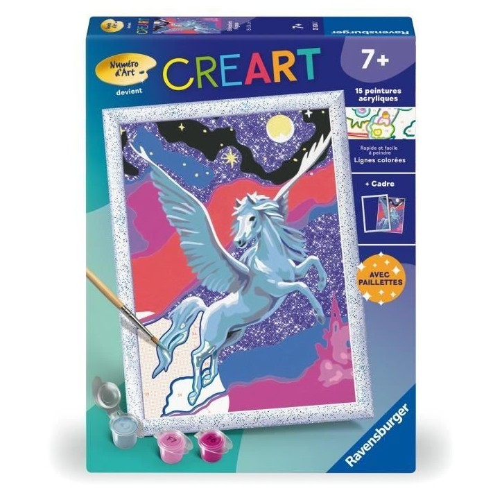 CreArt Kids 18x24cm Etincelant Pégase, Kit de peinture par numéros Numéro d'Art, Des 7 ans, 25830, Ravensburger CreArt Kids 18x24cm Etincelant Pégase, Kit de peinture par numéros Numéro d'Art, Des 7 ans, 25830, Ravensburger