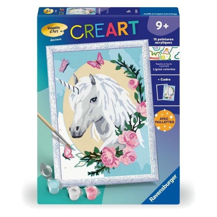 CreArt Kids 18x24cm Licorne fleurie, des 9 ans, Kit de peinture par numéros Numéro d'Art, 25834, Ravensburger CreArt Kids 18x24cm Licorne fleurie, des 9 ans, Kit de peinture par numéros Numéro d'Art, 25834, Ravensburger