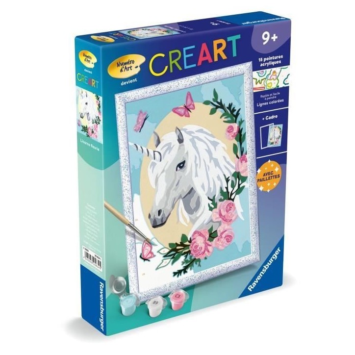 CreArt Kids 18x24cm Licorne fleurie, des 9 ans, Kit de peinture par numéros Numéro d'Art, 25834, Ravensburger CreArt Kids 18x24cm Licorne fleurie, des 9 ans, Kit de peinture par numéros Numéro d'Art, 25834, Ravensburger
