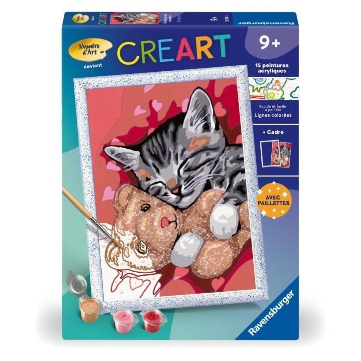 CreArt Kids 18x24cm Chaton et son nounours, Kit de peinture par numéros Numéro d'Art, Des 9 ans, 25838, Ravensburger CreArt Kids 18x24cm Chaton et son nounours, Kit de peinture par numéros Numéro d'Art, Des 9 ans, 25838, Ravensburger
