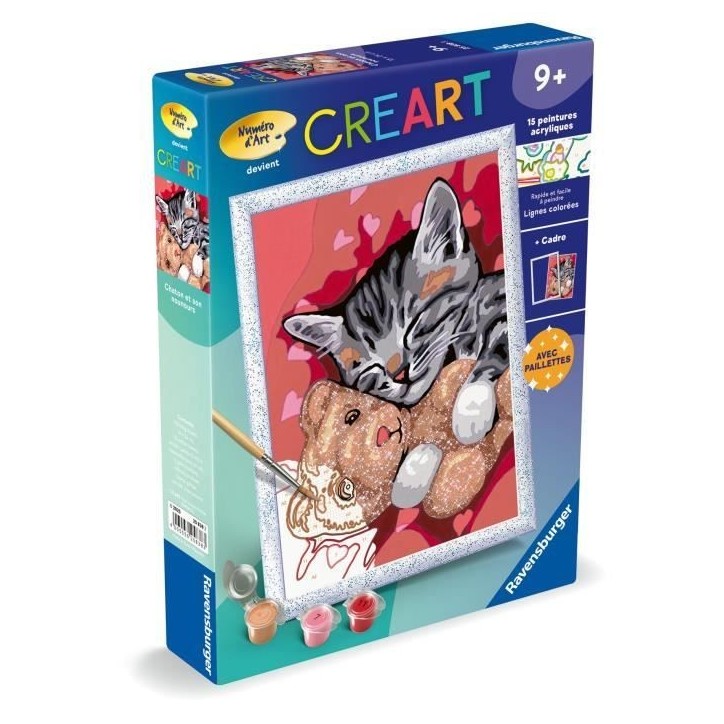 CreArt Kids 18x24cm Chaton et son nounours, Kit de peinture par numéros Numéro d'Art, Des 9 ans, 25838, Ravensburger CreArt Kids 18x24cm Chaton et son nounours, Kit de peinture par numéros Numéro d'Art, Des 9 ans, 25838, Ravensburger