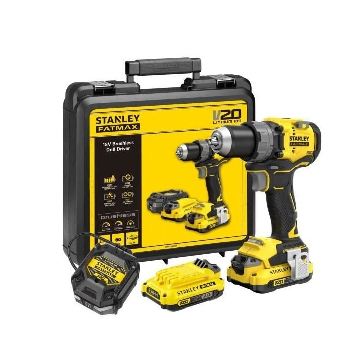 Perceuse visseuse sans fil + 2 batteries 2Ah + chargeur - 18V - Stanley Fatmax - Brushless - SFMCD725D2K-QW Perceuse visseuse sans fil + 2 batteries 2Ah + chargeur - 18V - Stanley Fatmax - Brushless - SFMCD725D2K-QW