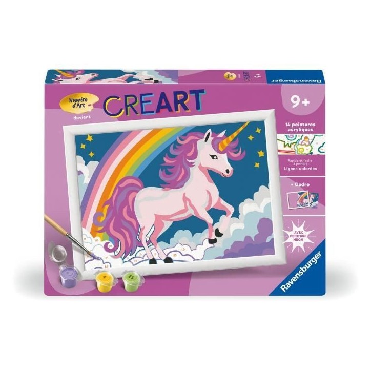 CreArt Kids 18x24cm Licorne Néon, Kit de peinture par numéros Numéro d'Art, Des 7 ans, 25904, Ravensburger