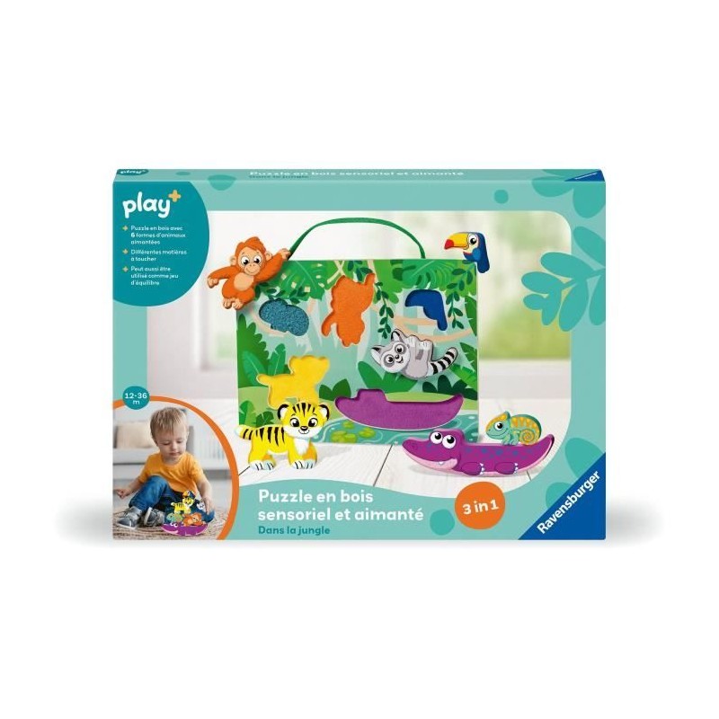 Ravensburger play+, Puzzle en bois sensoriel et aimanté - Dans la jun Ravensburger play+, Puzzle en bois sensoriel et aimanté - Dans la jun