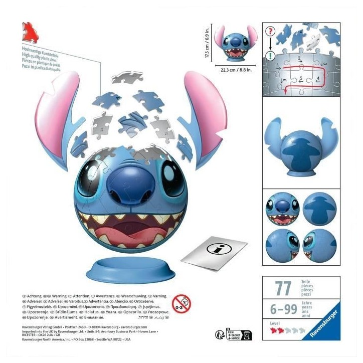 Puzzle 3D Ball Disney Stitch 72 pieces, Des 6 ans, Ravensburger, 11574 Puzzle 3D Ball Disney Stitch 72 pieces, Des 6 ans, Ravensburger, 11574