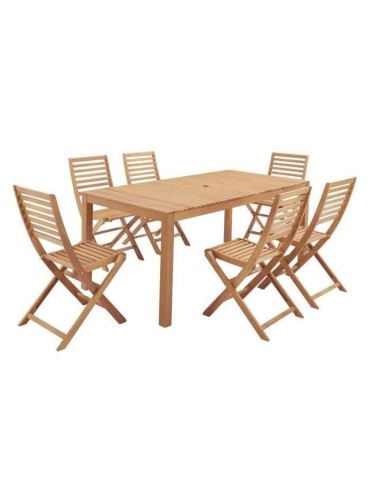 Ensemble repas de jardin 6 personnes - Table 160 x 90 cm + 6 chaises pliantes - Bois Eucalyptus FSC