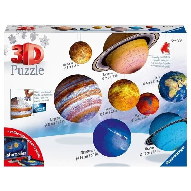 Puzzle 3D Systeme solaire - Ravensburger - 8 planetes - 522 pieces - Des 6 ans Puzzle 3D Systeme solaire - Ravensburger - 8 planetes - 522 pieces - Des 6 ans