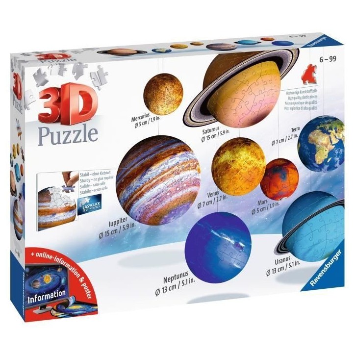 Puzzle 3D Systeme solaire - Ravensburger - 8 planetes - 522 pieces - Des 6 ans Puzzle 3D Systeme solaire - Ravensburger - 8 planetes - 522 pieces - Des 6 ans