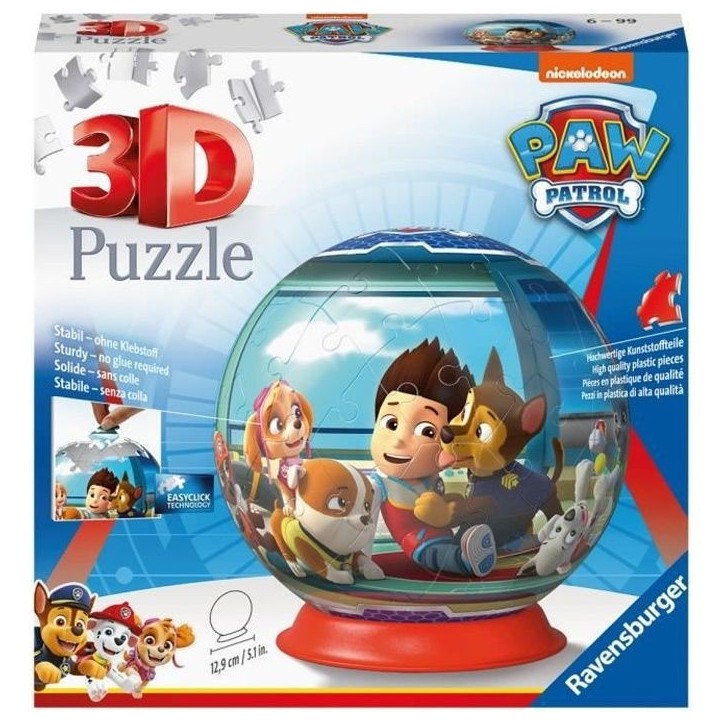 Puzzle 3D Ball Pat'Patrouille - Ravensburger - 72 pieces numérotées - Diametre 13 cm