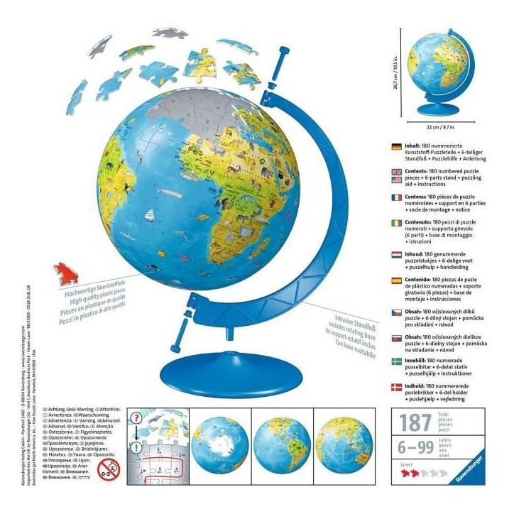 Puzzle 3D Globe terrestre 180 pieces - Ravensburger - Éducatif - Sans colle - Des 7 ans