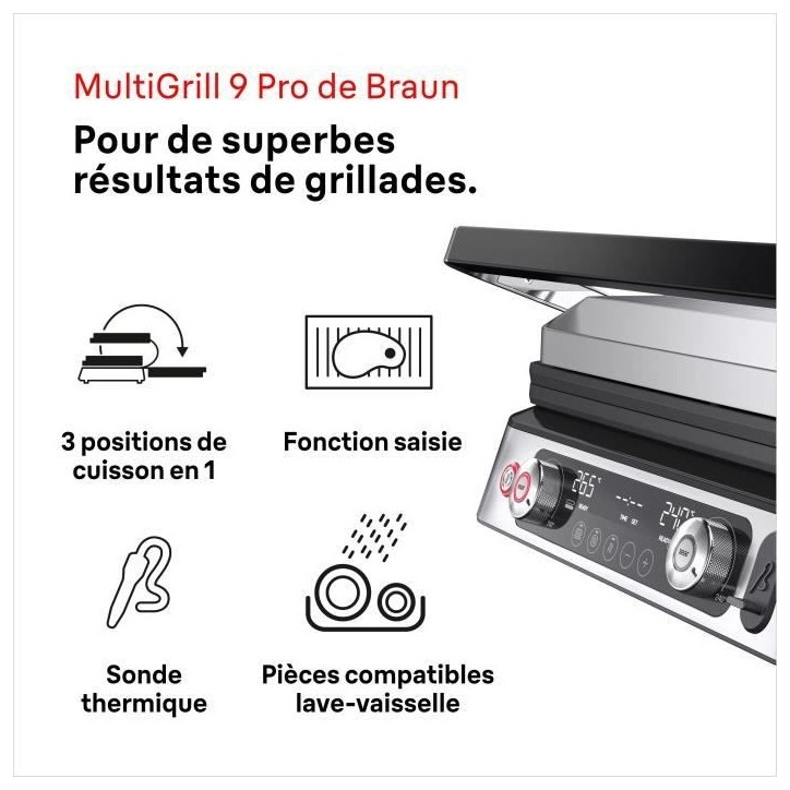 Grill multifonctions - BRAUN - Multi Grill 9 Pro - 2200 W - 3 positions de chauffe - Noir / Acier Grill multifonctions - BRAUN - Multi Grill 9 Pro - 2200 W - 3 positions de chauffe - Noir / Acier