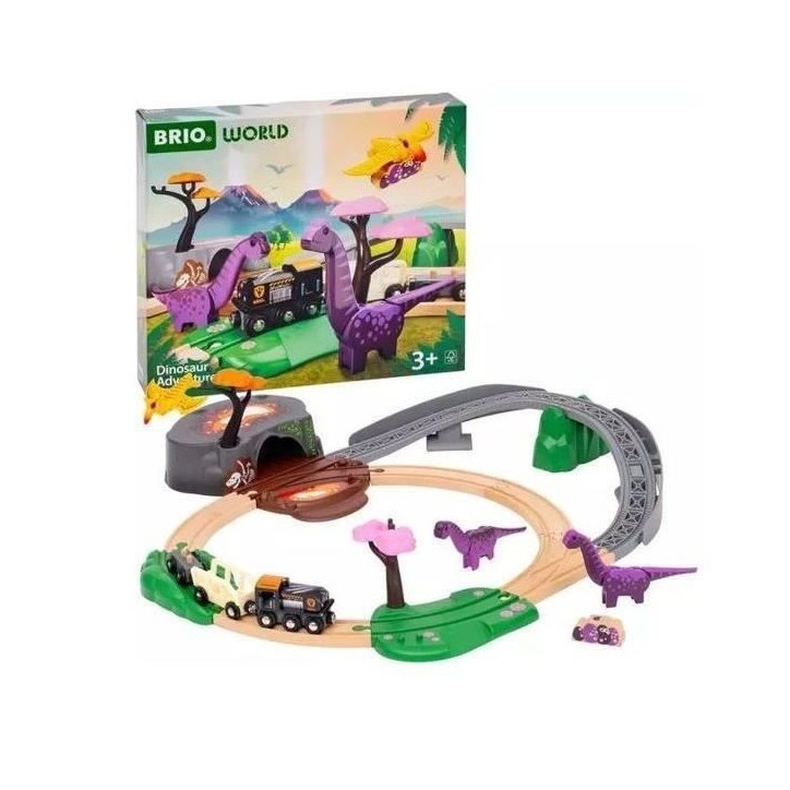BRIO Circuit Aventure Dinosaure 21 pieces - Action de Jeu sans Pile - Dinosaures Inclus - Circuit de Train en Bois - Brio World