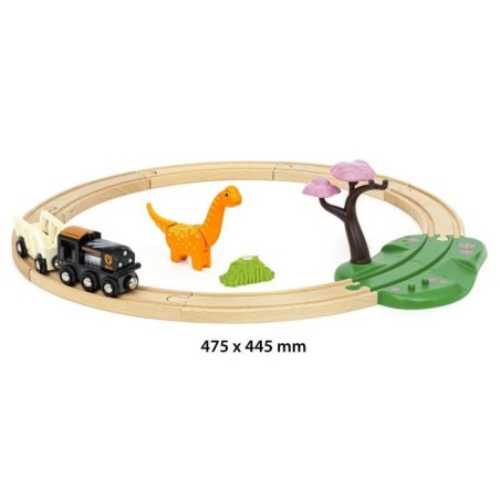 Circuit Dinosaure - Coffret Complet 12 pieces - Action de Jeu sans Pile - Dinosaure Inclus - Circuit de Train en Bois - BRIO Wor
