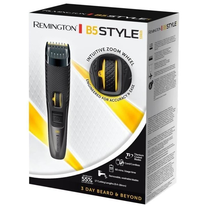 Tondeuse barbe REMINGTON MB5000 B5 Style Series – sans fil – étanche – 17 longueurs de coupe – jusqu'a 60 mn d'autonomi Tondeuse barbe REMINGTON MB5000 B5 Style Series – sans fil – étanche – 17 longueurs de coupe – jusqu'a 60 mn d'autonomi