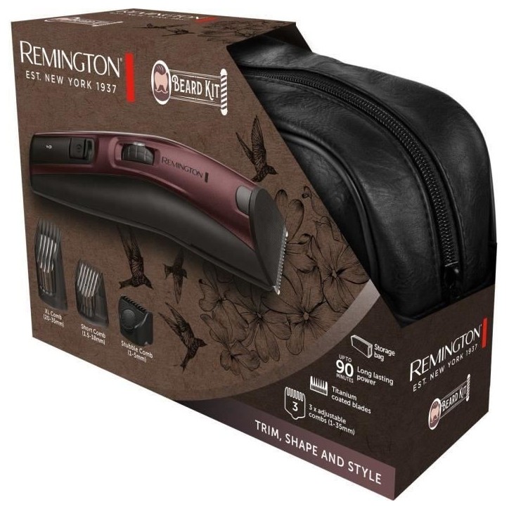 Coffret tondeuse barbe Remington MB4047 – sans fil, étanche – lames revetement titanium – 9 guides de coupe – trousse i Coffret tondeuse barbe Remington MB4047 – sans fil, étanche – lames revetement titanium – 9 guides de coupe – trousse i