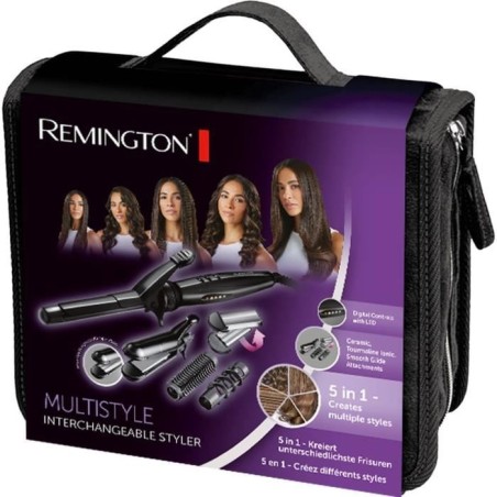 Multistyler 5en1 - Remington S8670 Lisse, Boucle, Ondule, Spirale, Gaufre - 4 embouts interchangeables, pinces a cheveux, mallet