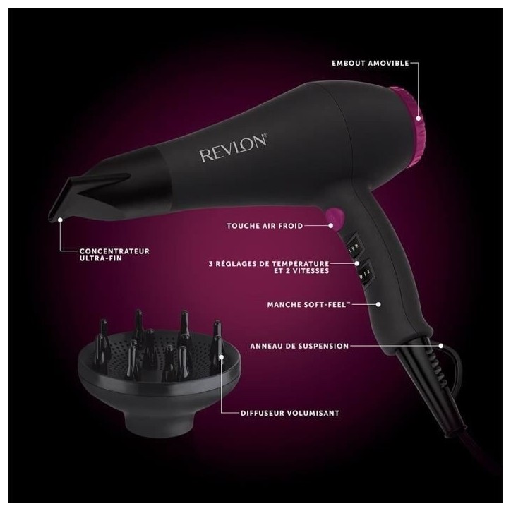 Seche-cheveux - REVLON - RVDR5251E - Perfect Heat - 2000 W - Moteur AC - 2 vitesses - Noir / Rose Seche-cheveux - REVLON - RVDR5251E - Perfect Heat - 2000 W - Moteur AC - 2 vitesses - Noir / Rose